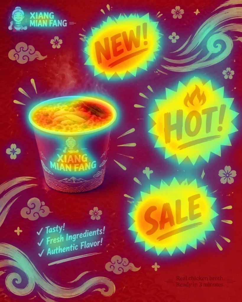 Before: attention heatmap of the cluttered poster; NEW, HOT and SALE bursts are hot, the tiny proposition in the corner is cold