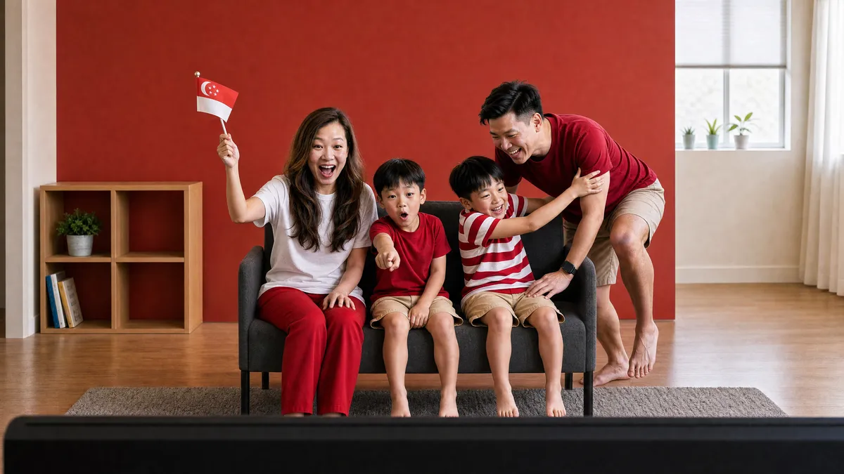16:9 AI-generated frame: the family cheering on the sofa with the flag, composed for the wide format