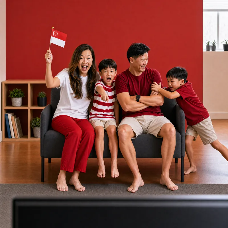 1:1 AI-generated frame: the family recomposed for the square, flag, sofa and everyone in view