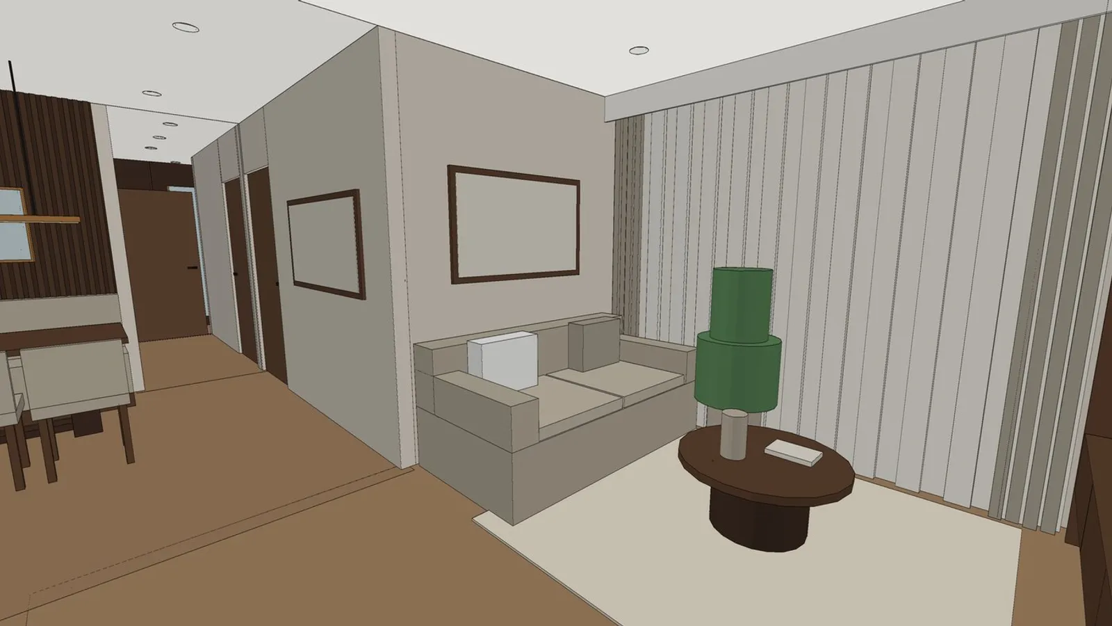 Untextured 3D model of a living room with sofa, round coffee table, lamp and full-height curtains