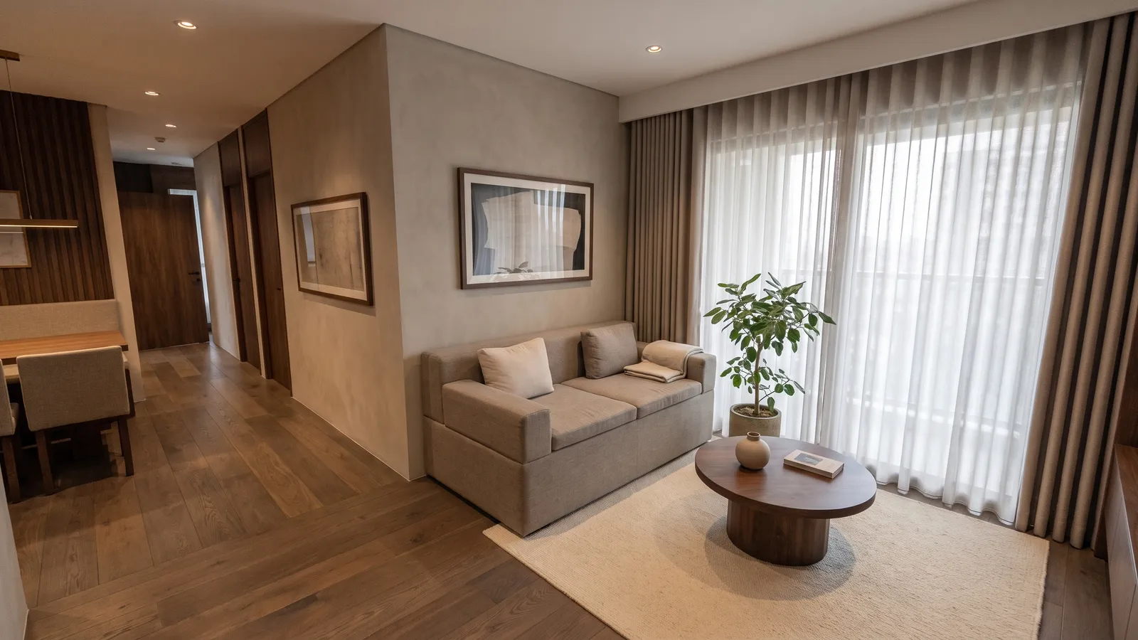 Photoreal render of the same living room: linen sofa, walnut coffee table, plant and sheer curtains
